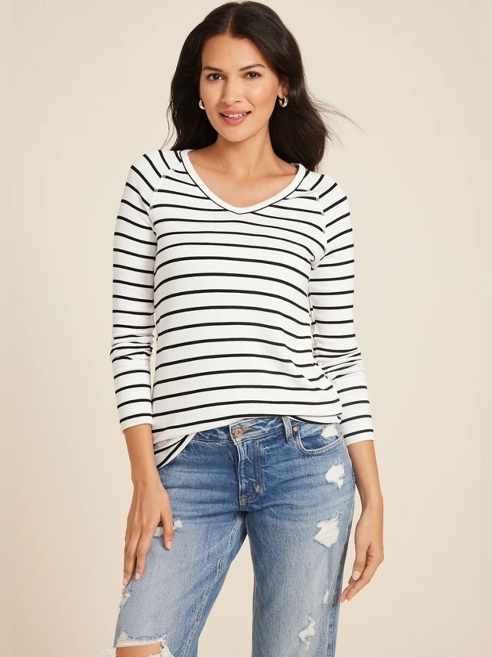 Maurices Cozy Ribbed 2X Striped Snap Cuff V-Neck Long Sleeve Tee White Travel